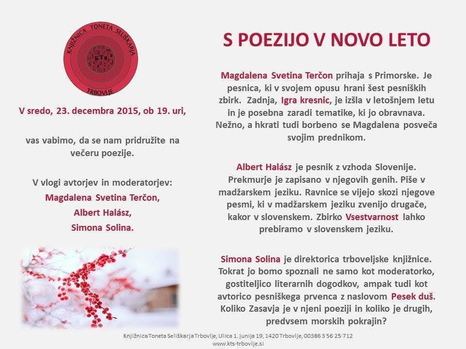 Knjižnica Trbovlje: S poezijo v novo leto, literarni večer