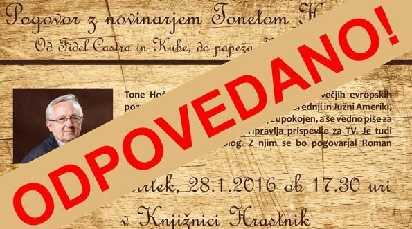 Knjižnica Hrastnik: Pogovor s Tonetom Hočevarjem odpovedan
