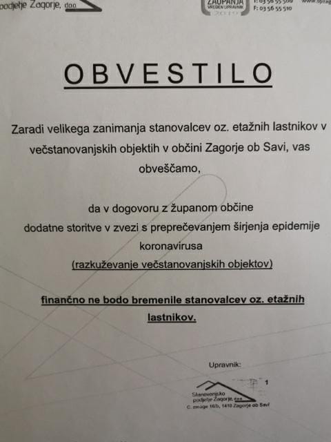 Strošek razkuževanja blokov v Zagorju ne bo na plečih stanovalcev