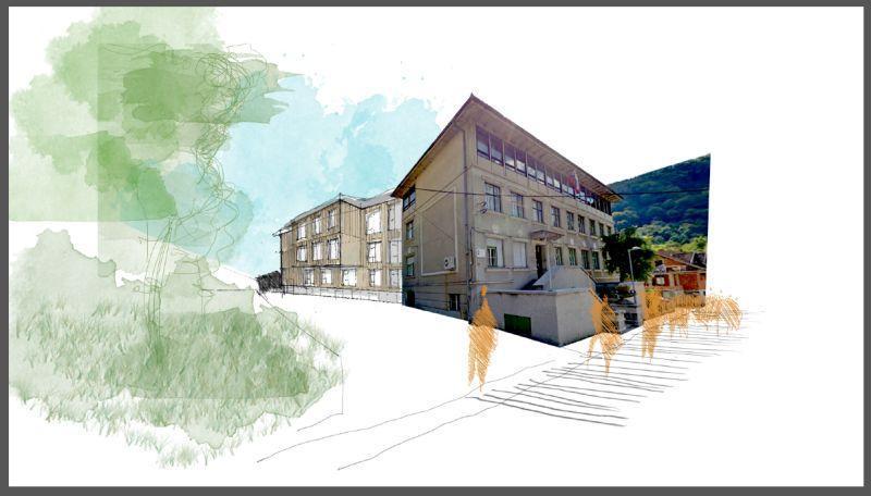 Idejna zasnova dolske šole z prizidkom, atrijem in večnamensko dvorano.
