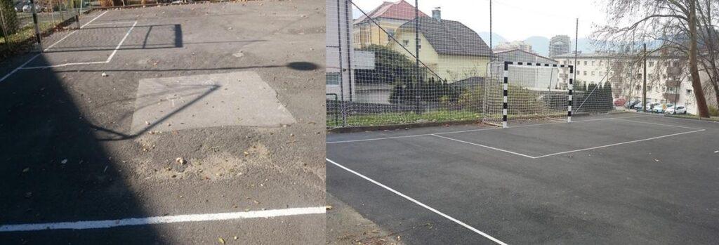 Igrišče IBT po obnovi: nova asfaltna podlaga, začrtano igrišče, novi goli, zaščitna mreža.